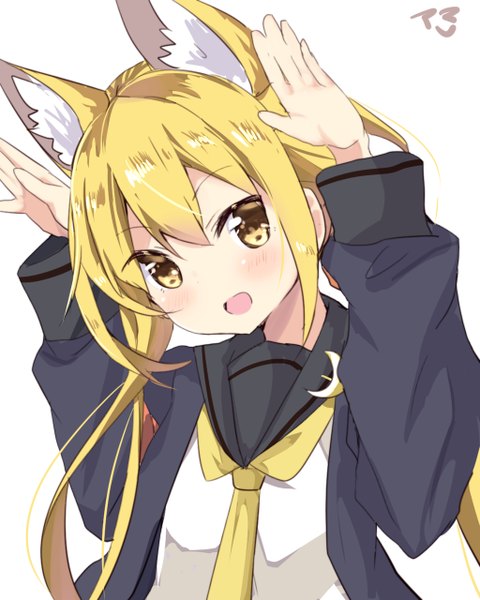 Anime picture 1024x1280 with kantai collection satsuki destroyer amano kouki single long hair tall image looking at viewer blush fringe open mouth blonde hair simple background white background twintails animal ears yellow eyes upper body arms up fox ears low twintails