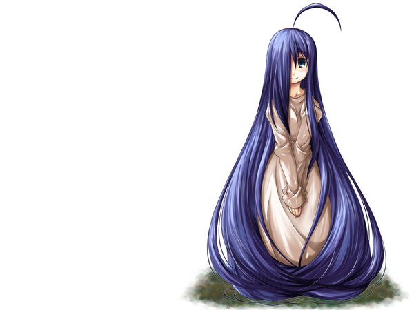 Anime picture 1024x768 with the ring yamamura sadako single fringe white background blue hair ahoge very long hair hair over one eye girl