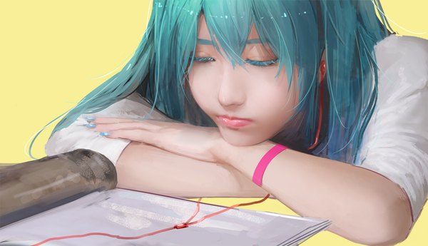 Anime picture 959x553 with vocaloid hatsune miku g q single long hair fringe simple background wide image eyes closed nail polish fingernails realistic aqua hair yellow background girl headphones