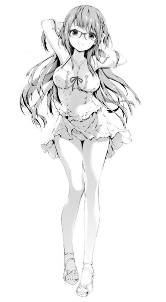 Anime picture 550x1000 with original koshika rina single long hair tall image looking at viewer fringe breasts light erotic smile large breasts standing bare shoulders armpit (armpits) monochrome arm behind head girl skirt glasses pendant