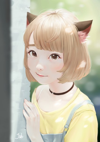 Anime picture 2481x3508 with original hana (jubi) jubi (regiana) single tall image looking at viewer fringe highres short hair brown hair brown eyes animal ears upper body blunt bangs lips cat ears realistic depth of field lipstick pink lipstick