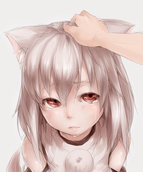 Anime picture 1000x1200 with touhou inubashiri momiji junwool single tall image blush short hair open mouth simple background blonde hair red eyes animal ears grey background tears face hand on head crying girl hand