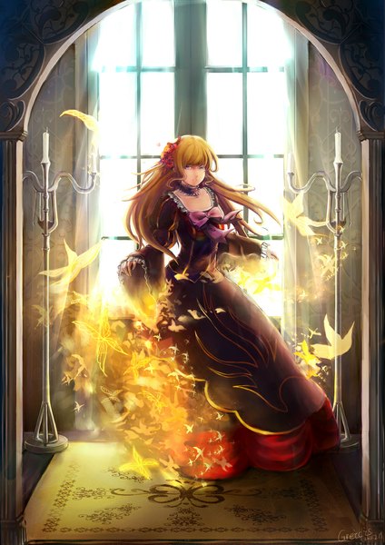 Anime picture 827x1169 with umineko no naku koro ni beatrice greicis single long hair tall image looking at viewer blue eyes blonde hair hair flower girl dress hair ornament flower (flowers) insect butterfly