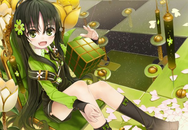 Anime picture 903x629 with original amamiya chiharu single long hair looking at viewer blush fringe open mouth smile brown hair sitting green eyes bent knee (knees) very long hair teeth fang (fangs) open collar checkered floor floor hand on knee