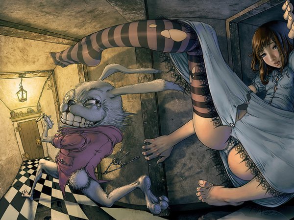 Anime picture 1400x1050 with alice in wonderland alice (wonderland) white rabbit long hair blush open mouth black hair green eyes looking back checkered floor girl thighhighs dress striped thighhighs bunny torn thighhighs key monocle