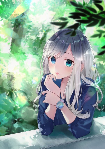 Anime picture 708x1000 with original natsuki (ukiwakudasai) single long hair tall image looking at viewer blush fringe blue eyes silver hair upper body outdoors long sleeves parted lips aqua eyes fingernails sunlight arm support shadow heterochromia