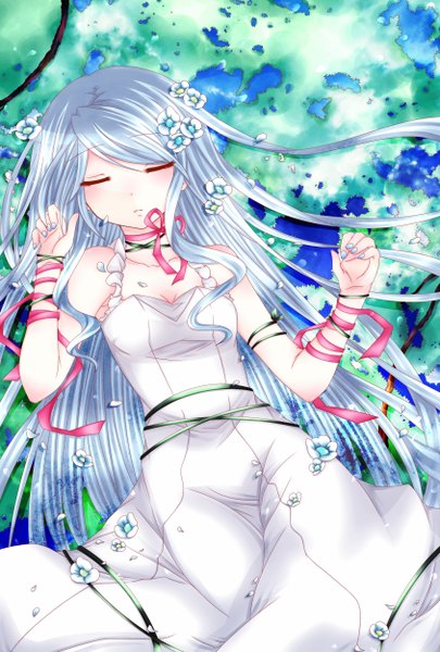 Anime picture 1688x2500 with original sorakase sawa (artist) single long hair tall image silver hair eyes closed girl dress flower (flowers) ribbon (ribbons)