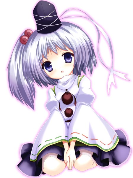 Anime picture 1200x1600 with touhou mononobe no futo kiyoshi hi ya (artist) tall image blush short hair open mouth simple background white background sitting purple eyes silver hair japanese clothes loli one side up girl hair ornament hat hair bobbles