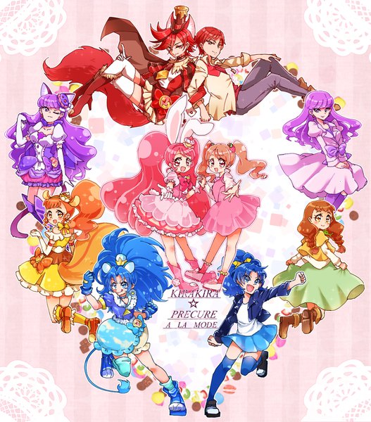 Anime picture 1437x1637 with precure kirakira precure a la mode toei animation usami ichika kenjou akira cure whip kotozume yukari cure chocolat cure macaron arisugawa himari tategami aoi cure custard cure gelato kadai (gunform) long hair tall image looking at viewer blush fringe short hair