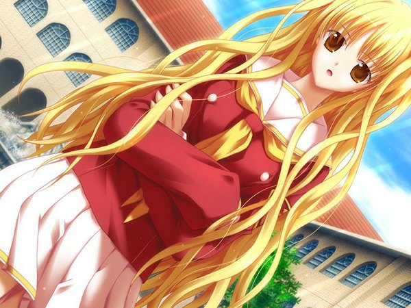 Anime picture 1024x768 with ojousama kumikyoku arisuma katsumi tatsumi neon long hair blonde hair game cg orange eyes girl serafuku