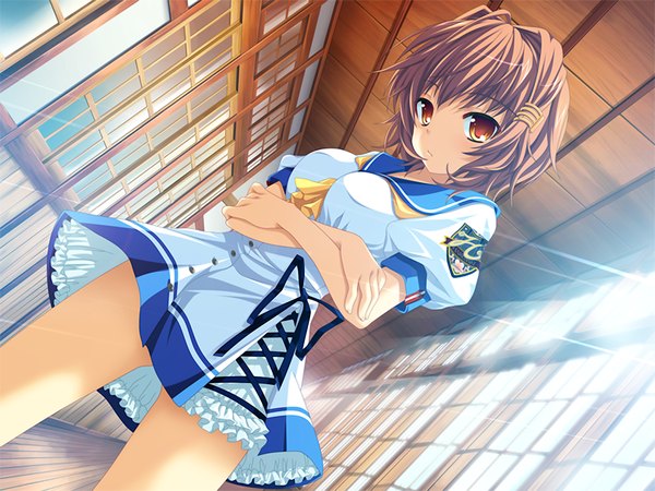 Anime picture 1200x900 with asa project atchi muite koi (game) brown hair brown eyes game cg girl serafuku