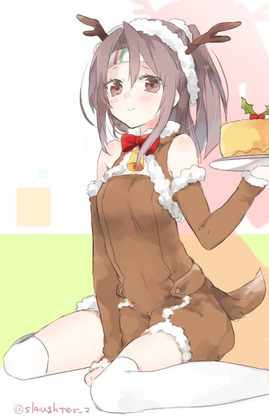 Anime picture 580x900 with kantai collection zuihou light aircraft carrier sino (sionori) single long hair tall image looking at viewer blush smile hair between eyes sitting bare shoulders brown eyes signed ponytail horn (horns) grey hair shadow alternate costume wariza