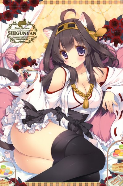 Anime picture 4040x6083 with kantai collection kongou battleship shigunyan single long hair tall image highres light erotic black hair purple eyes animal ears absurdres ass tail animal tail cat ears cat girl cat tail kemonomimi mode nontraditional miko