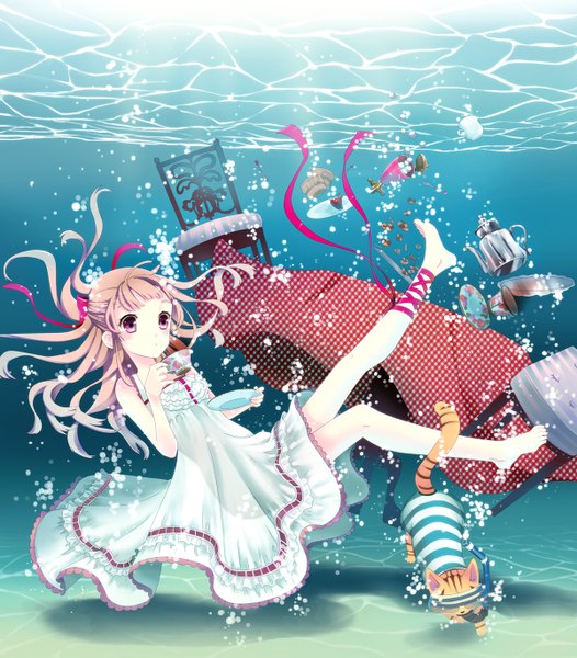 Anime picture 1200x1369 with original yuuki rika single long hair tall image brown hair bare shoulders pink eyes barefoot underwater girl ribbon (ribbons) water cat chair sundress bubble (bubbles) table cup teapot