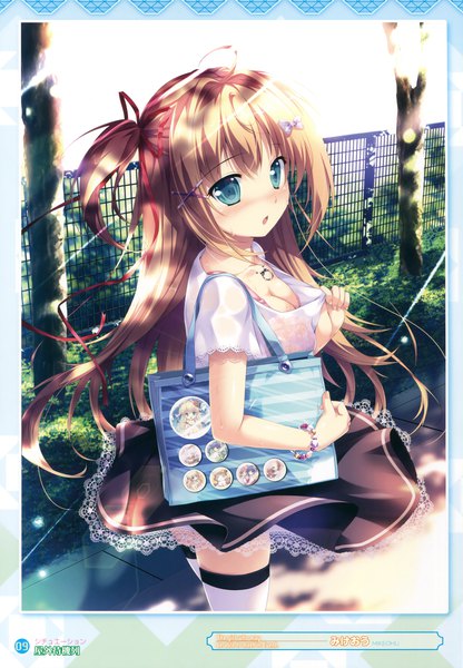 Anime picture 2367x3409 with original mikeou single long hair tall image blush highres open mouth blue eyes light erotic blonde hair looking away scan girl thighhighs dress ribbon (ribbons) plant (plants) hair ribbon tree (trees)