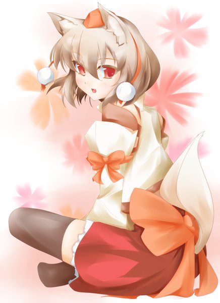Anime picture 1200x1650 with touhou inubashiri momiji chus (artist) tall image short hair red eyes animal ears animal tail grey hair teeth fang (fangs) girl thighhighs black thighhighs detached sleeves tokin hat