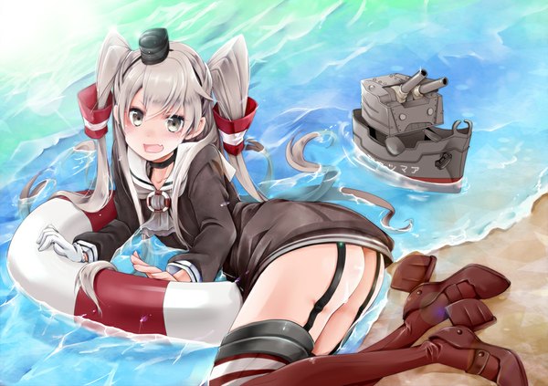 Anime picture 1000x706 with kantai collection amatsukaze destroyer rensouhou-kun okatsukisei single long hair blush open mouth light erotic ass grey hair two side up silver eyes girl thighhighs weapon hat sea hair tubes sailor suit
