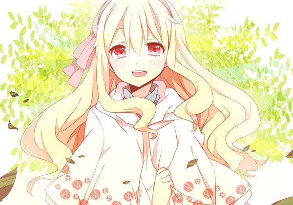Anime picture 1000x700 with kagerou project shaft (studio) souzou forest (vocaloid) mary (kagerou project) smilepanda (lapin) single long hair looking at viewer blush open mouth blonde hair red eyes girl ribbon (ribbons) hair ribbon leaf (leaves) cape
