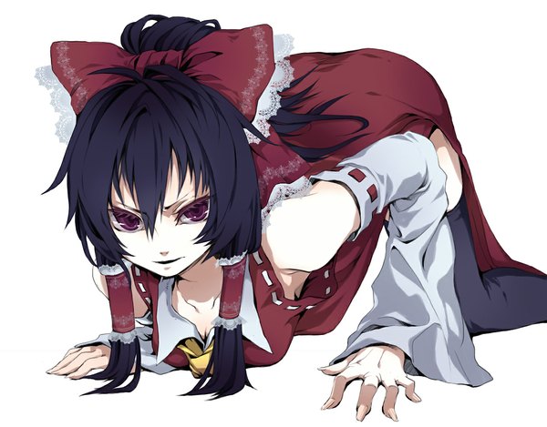 Anime picture 1074x840 with touhou hakurei reimu yukimichi (nieko) long hair black hair simple background red eyes white background on all fours girl thighhighs bow black thighhighs hair bow detached sleeves