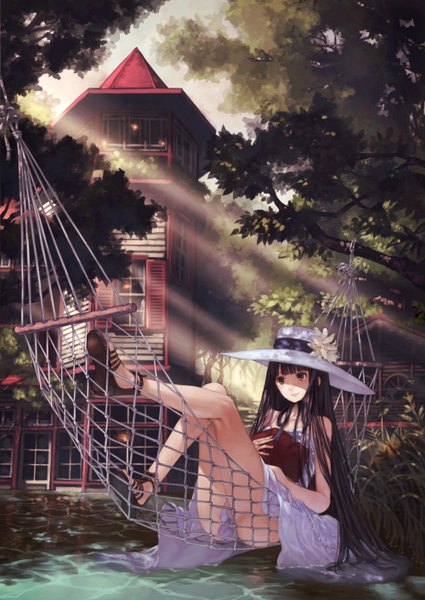 Anime picture 1000x1412 with original kaoming single long hair tall image black hair bare shoulders black eyes legs girl flower (flowers) plant (plants) hat tree (trees) water book (books) sundress house hammock