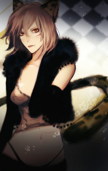 Anime picture 633x1000 with original koutarou (artist) single tall image short hair light erotic brown hair brown eyes animal ears tail animal tail mole midriff checkered checkered background girl gloves navel black gloves elbow gloves