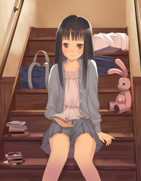 Anime picture 695x895 with original yamamoto shima long hair tall image blush fringe black hair smile sitting holding brown eyes indoors pleated skirt girl skirt book (books) toy stuffed animal school bag stairs