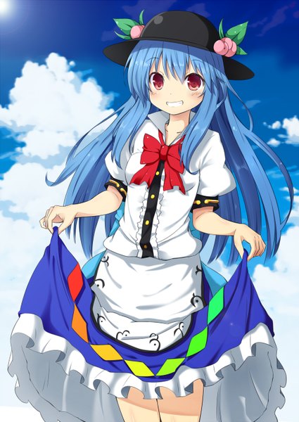 Anime picture 1004x1418 with touhou hinanawi tenshi maozi single long hair tall image looking at viewer blush open mouth smile red eyes blue hair sky cloud (clouds) sunlight grin sunbeam girl skirt hat