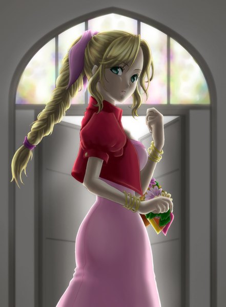 Anime picture 1000x1360 with final fantasy final fantasy vii square enix aerith gainsborough ninappe (nina) single long hair tall image breasts blonde hair large breasts standing indoors braid (braids) looking back aqua eyes single braid girl dress flower (flowers)