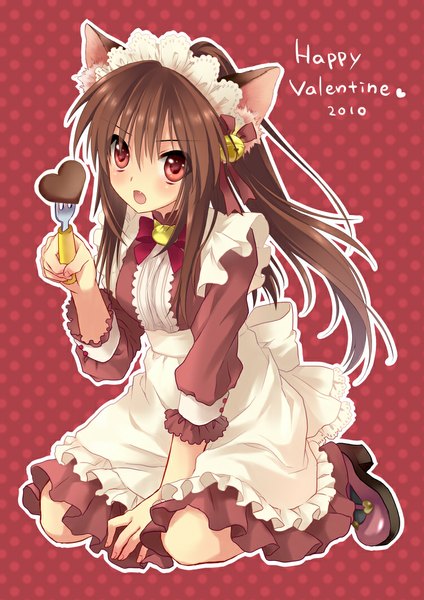 Anime picture 750x1060 with little busters! key (studio) natsume rin sakura neko single long hair tall image blush open mouth red eyes brown hair animal ears cat ears inscription maid cat girl polka dot valentine polka dot background outline