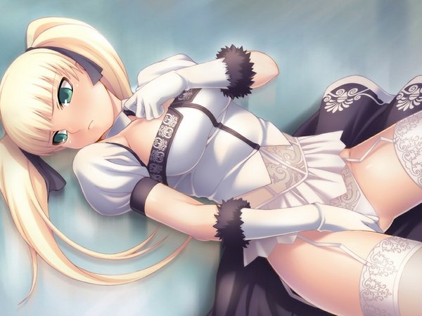 Anime picture 1024x768 with minzoku injou reira delius tasaka shinnosuke light erotic blonde hair twintails green eyes game cg girl thighhighs underwear panties white thighhighs