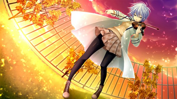 Anime picture 1280x720 with morobito kozorite (game) short hair blue eyes wide image blue hair game cg evening sunset girl violin bow (instrument)