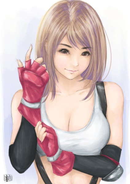 Anime picture 1748x2480 with final fantasy final fantasy vii square enix tifa lockhart sweetsoupman single long hair tall image looking at viewer highres light erotic brown hair bare shoulders brown eyes adjusting gloves girl gloves fingerless gloves