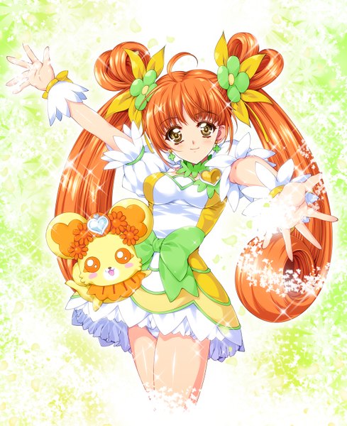 Anime picture 1200x1471 with precure dokidoki! precure toei animation yotsuba alice cure rosetta rance (dokidoki! precure) tamiya akito single long hair tall image smile twintails yellow eyes orange hair pantyshot girl dress hair ornament underwear panties