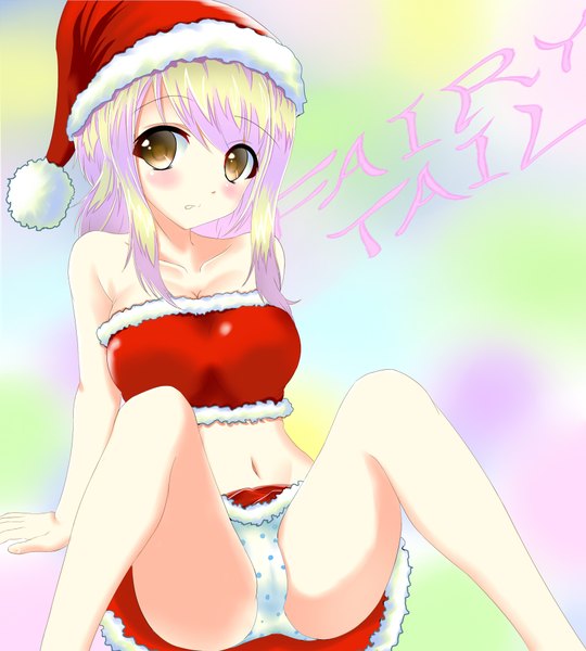Anime picture 1800x2000 with fairy tail lucy heartfilia single long hair tall image highres light erotic bare shoulders brown eyes pink hair midriff spread legs fur trim cameltoe christmas pantyshot sitting girl navel underwear panties