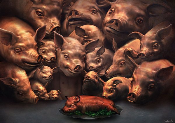 Anime picture 1280x904 with original ryohei hase wallpaper boy animal food plate pig crowd