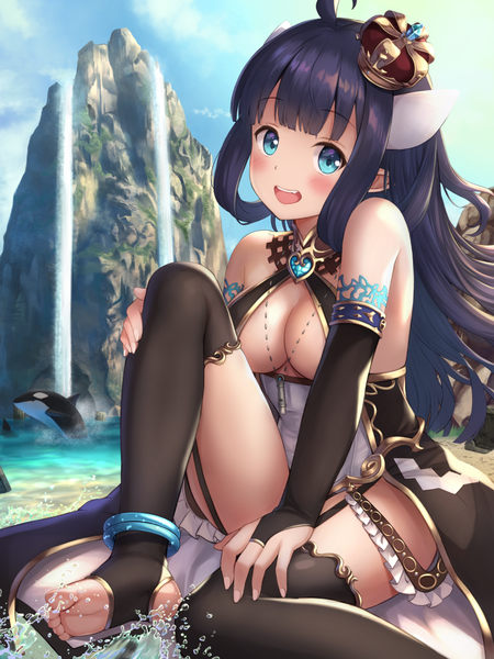 Anime picture 768x1024 with original yuririn poi single long hair tall image looking at viewer blush fringe breasts open mouth blue eyes light erotic smile large breasts sitting sky purple hair cloud (clouds) ahoge bent knee (knees)