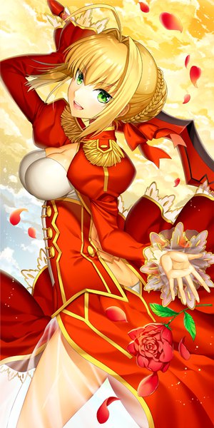 Anime picture 450x900 with fate (series) fate/extra nero claudius (fate) (all) nero claudius (fate) ells (ellsat) single tall image looking at viewer fringe breasts open mouth light erotic blonde hair green eyes ahoge long sleeves arm up puffy sleeves underbust girl