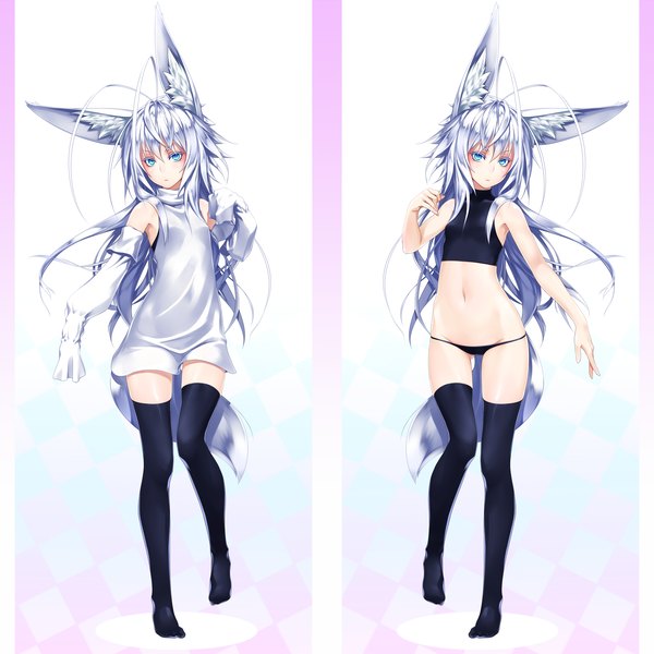 Anime picture 2200x2200 with original kentairui long hair looking at viewer highres blue eyes light erotic multiple girls animal ears silver hair ahoge bare belly no shoes zettai ryouiki fox ears dual persona lowleg girl thighhighs navel