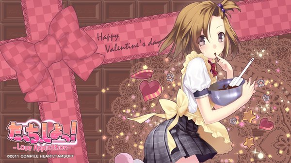 Anime picture 1920x1080 with hirano katsuyuki highres short hair brown hair wide image brown eyes finger to mouth valentine cooking girl skirt bow miniskirt shirt food heart sweets star (symbol) apron lace