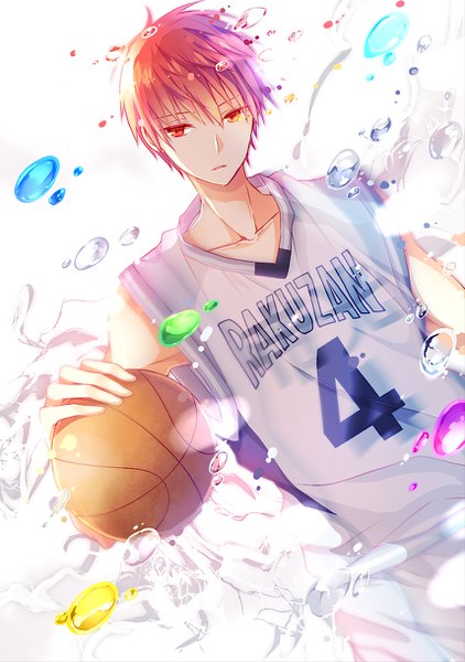 Anime picture 858x1220 with kuroko no basket production i.g akashi seijuurou kame (unaikodori) single tall image fringe short hair simple background hair between eyes red eyes white background holding looking away red hair parted lips clothes writing boy uniform bubble (bubbles)
