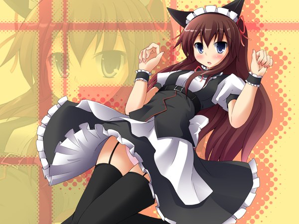 Anime picture 1600x1200 with steins;gate white fox makise kurisu liya long hair blush blue eyes light erotic brown hair animal ears cat ears maid pantyshot zoom layer girl thighhighs black thighhighs headdress maid headdress wrist cuffs