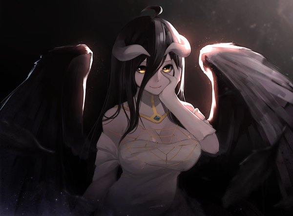 Anime picture 1900x1400 with overlord (maruyama) madhouse albedo (overlord) ariinine single long hair looking at viewer highres breasts black hair simple background smile large breasts yellow eyes upper body horn (horns) shadow black background demon girl black wings
