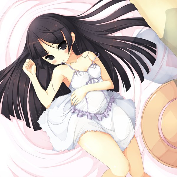 Anime picture 1000x1000 with ore no imouto ga konna ni kawaii wake ga nai gokou ruri koflif long hair blush black hair bare shoulders lying black eyes girl dress hat white dress sundress