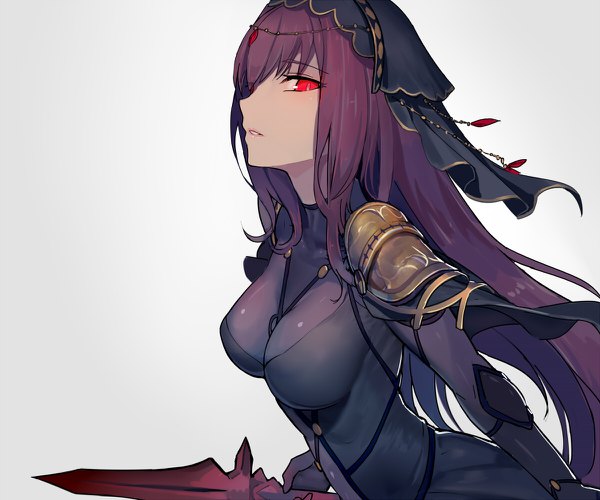 Anime picture 1200x1000 with fate (series) fate/grand order scathach (fate) (all) scathach (fate) walzrj single long hair looking at viewer fringe simple background red eyes purple hair upper body profile grey background girl headdress armor spaulder (spaulders)