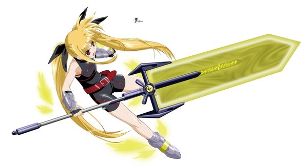 Anime picture 3500x1890 with mahou shoujo lyrical nanoha fate testarossa bardiche solwyvern single long hair highres simple background blonde hair red eyes wide image white background twintails signed looking away full body vector serious girl weapon