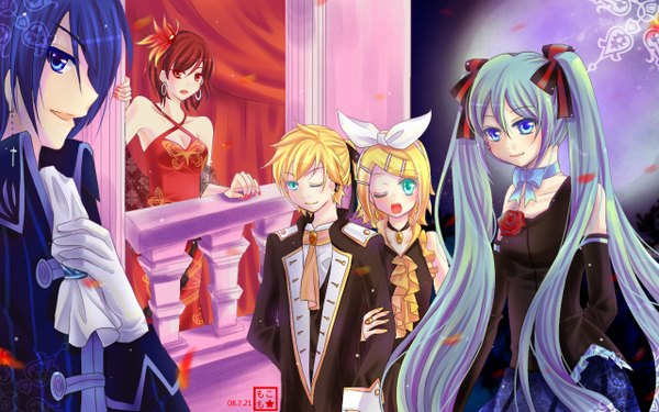 Anime picture 1280x800 with vocaloid hatsune miku kagamine rin kagamine len kaito (vocaloid) meiko wide image twintails nail polish one eye closed wink formal girl ribbon (ribbons) hair ribbon momoko (pixiv)