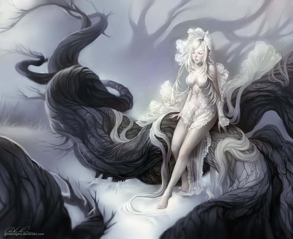 Anime picture 1452x1187 with original goldentigers single fringe breasts sitting bare shoulders signed cleavage white hair eyes closed very long hair barefoot lips inscription bare legs legs pale skin girl plant (plants)