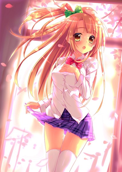 Anime picture 2480x3507 with love live! school idol project sunrise (studio) love live! minami kotori angel koman single long hair tall image blush highres open mouth light erotic blonde hair yellow eyes pleated skirt sunlight zettai ryouiki one side up plaid skirt girl