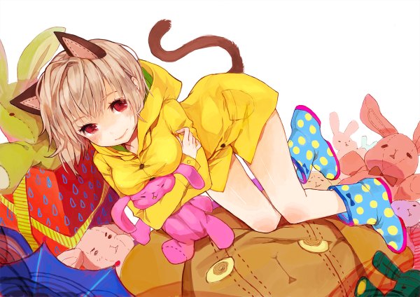 Anime picture 1200x848 with original sono (pixiv) single blush short hair blonde hair smile red eyes animal ears cat ears cat girl cat tail girl shoes toy stuffed animal bunny