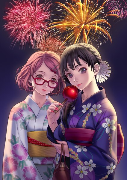 Anime picture 1134x1603 with kyoukai no kanata kyoto animation kuriyama mirai nase mitsuki eclosion long hair tall image short hair black hair brown hair multiple girls brown eyes traditional clothes japanese clothes fireworks girl hair ornament 2 girls glasses food